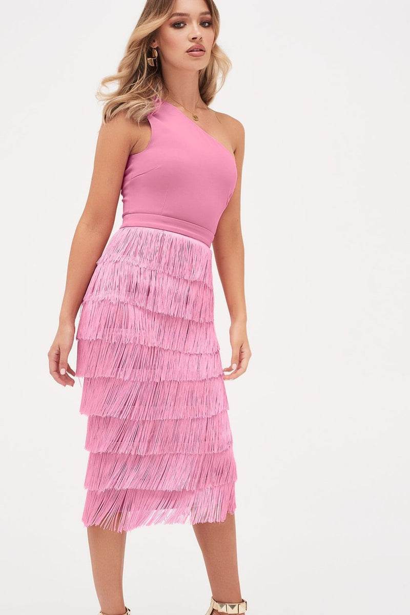 One shoulder fringe midi dress in pink sale