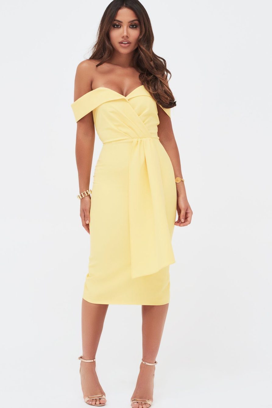 Pleated bardot 2025 midi dress