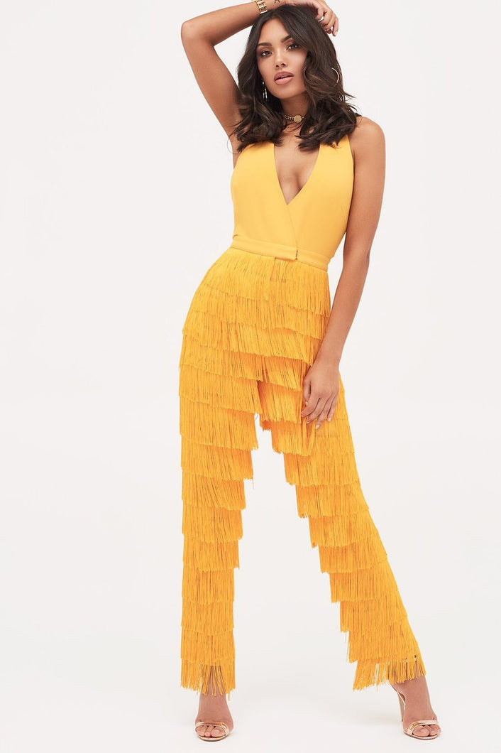 HALTERNECK FRINGE JUMPSUIT - GOLDEN YELLOW