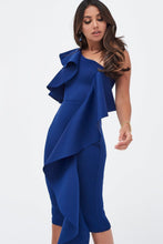 Load image into Gallery viewer, COLD SHOULDER SCUBA MIDI WITH WATERFALL - COBALT
