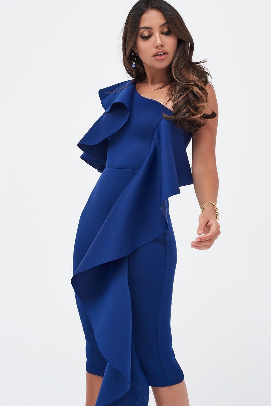 COLD SHOULDER SCUBA MIDI WITH WATERFALL - COBALT