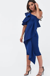 COLD SHOULDER SCUBA MIDI WITH WATERFALL - COBALT