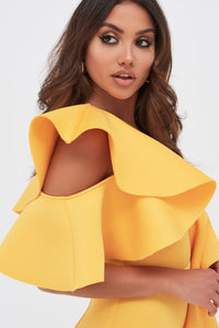 COLD SHOULDER SCUBA MIDI WITH WATERFALL FRILL - GOLDEN YELLOW
