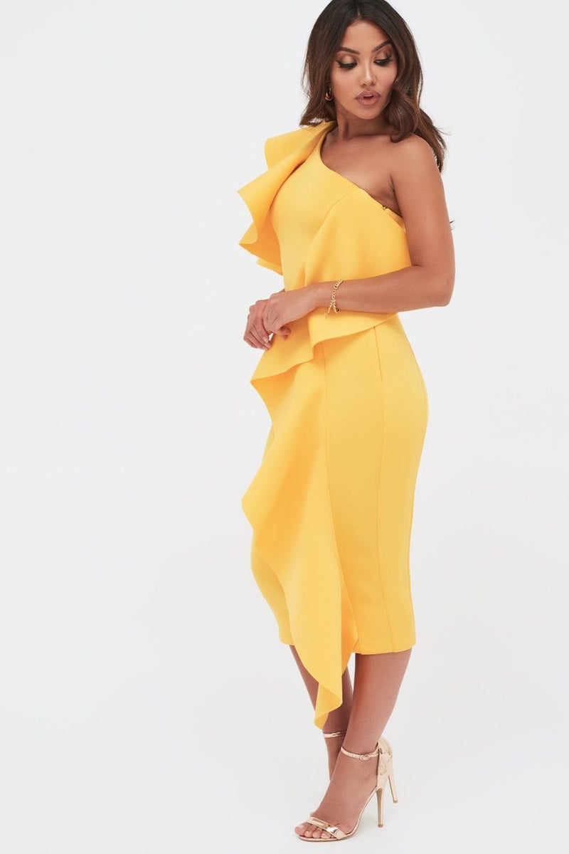 COLD SHOULDER SCUBA MIDI WITH WATERFALL FRILL - GOLDEN YELLOW – GRID