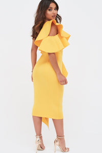 COLD SHOULDER SCUBA MIDI WITH WATERFALL FRILL - GOLDEN YELLOW