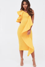Load image into Gallery viewer, COLD SHOULDER SCUBA MIDI WITH WATERFALL FRILL - GOLDEN YELLOW